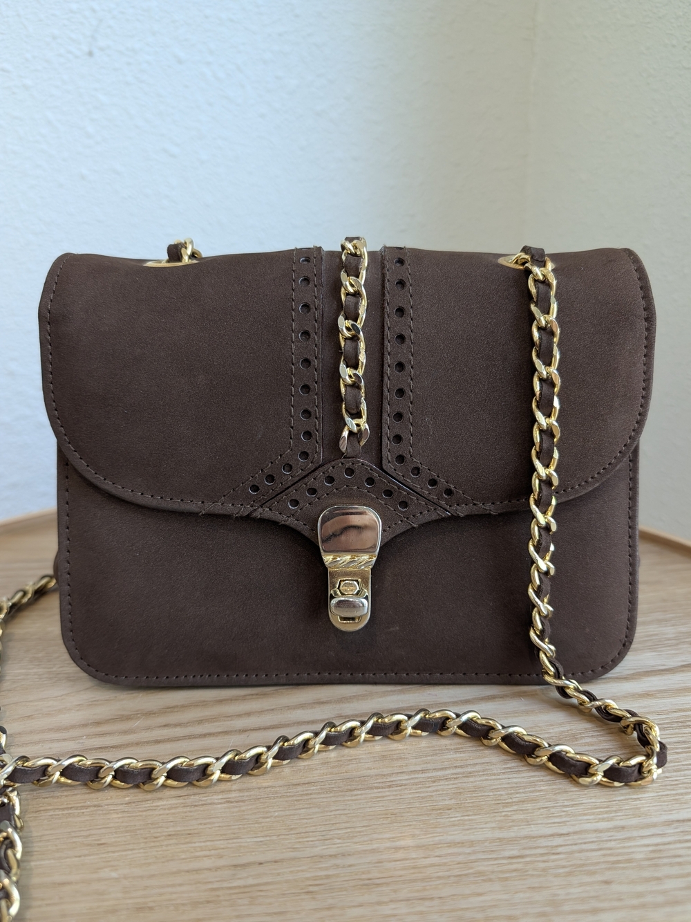 Vintage Ashreil Elegant Brown Suede Crossbody with Gold And Leather Chain Strap